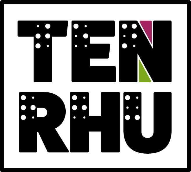 TenRhu Logo, written  in thick black letters, with white Braille embedded in the font. Magenta and lime green color blocks set behind the letter N.